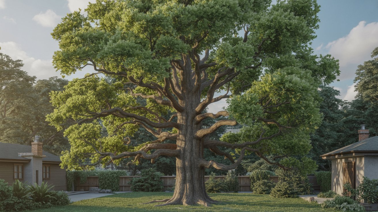 Mature oak tree showing different growth stages in a sunny backyard landscape