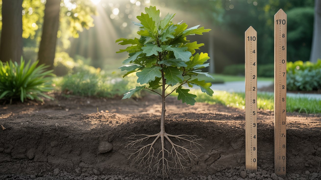 Young oak tree showing average yearly growth in healthy garden soil
