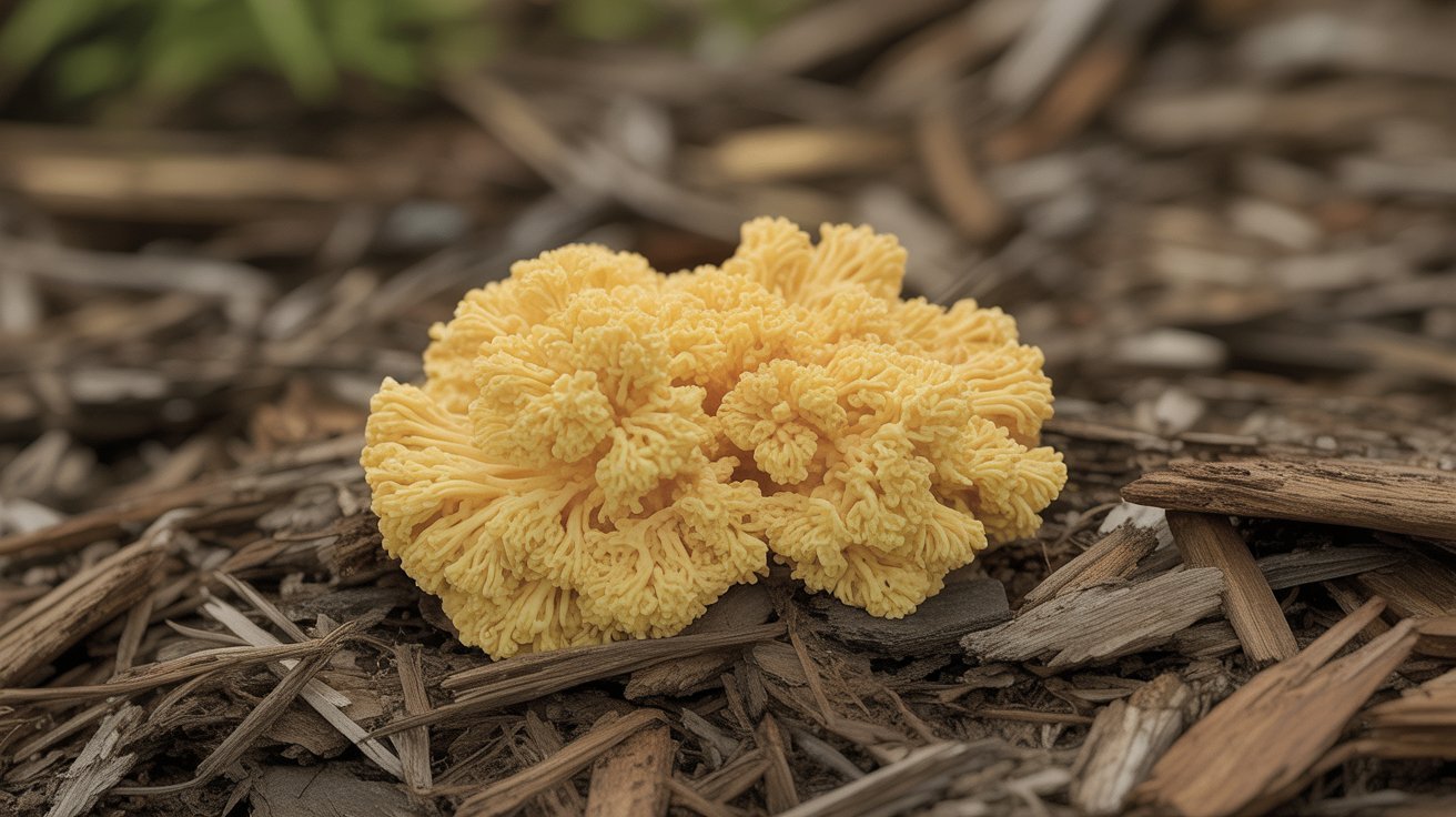 Close-up of yellow slime mold growing on decomposing mulch in a garden bed.