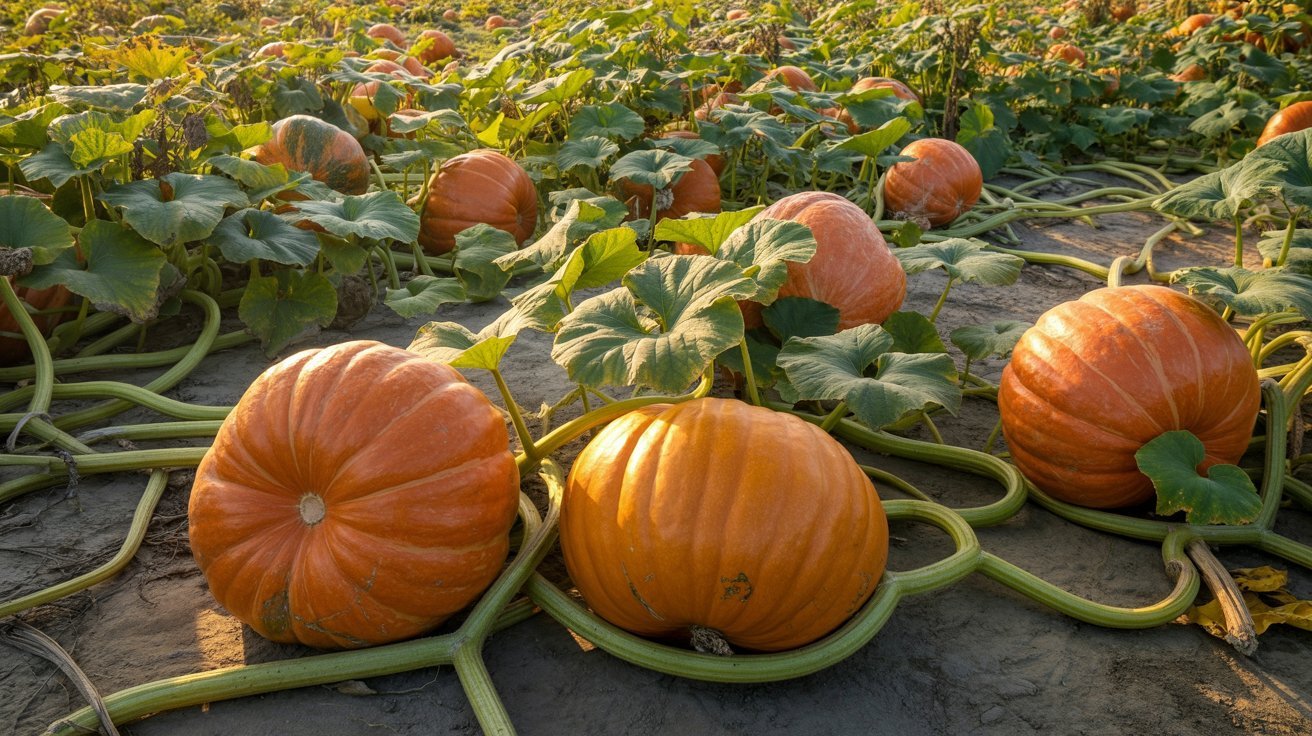 Pumpkins growing on vine in summer garden