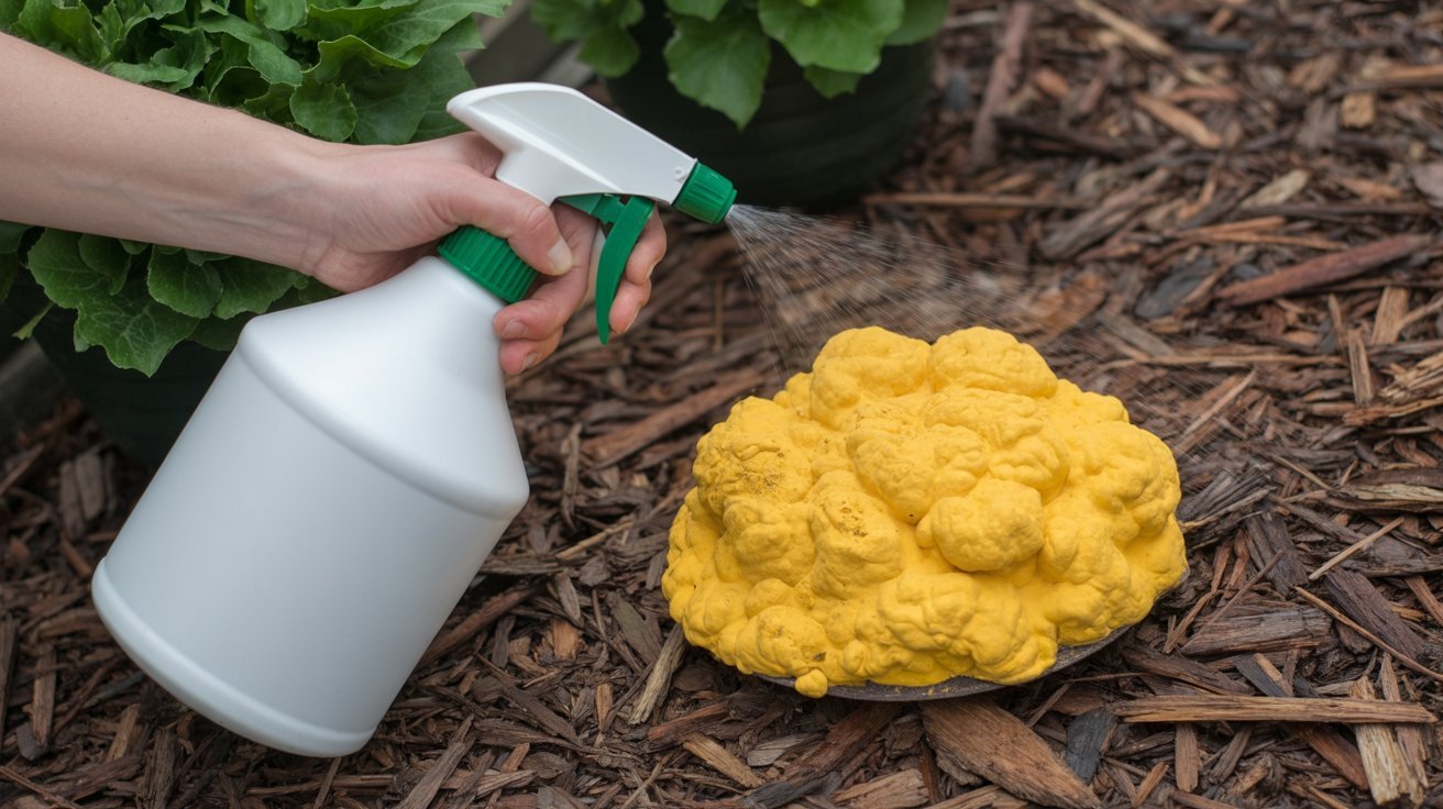 Applying baking soda solution to yellow fungus on mulch.