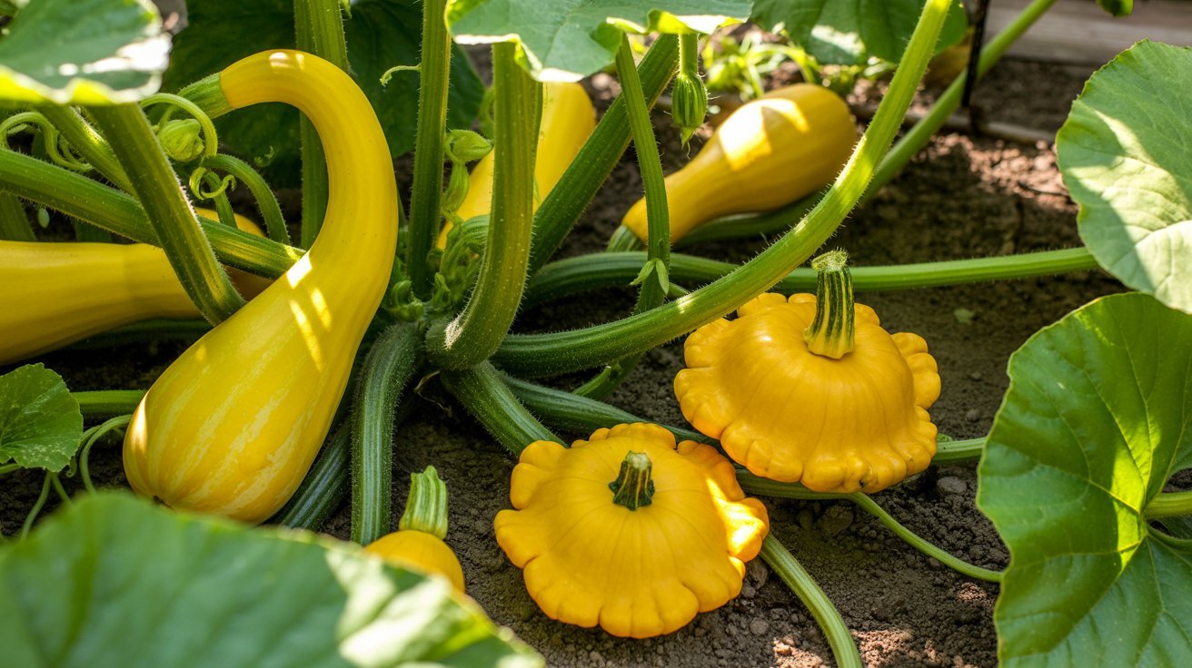 Yellow summer squash varieties growing on plant