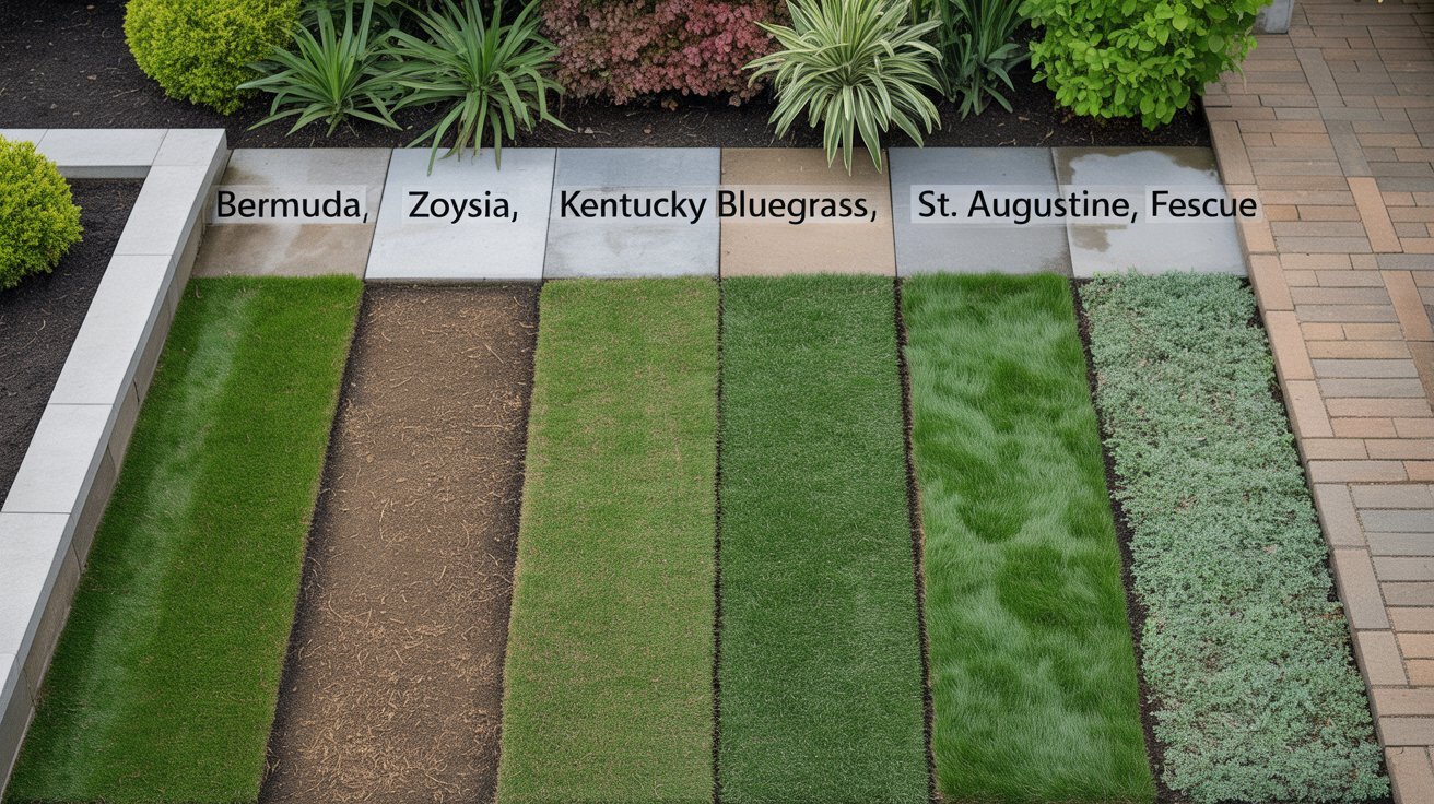 Different sod grass varieties showing varying textures and rooting speeds.