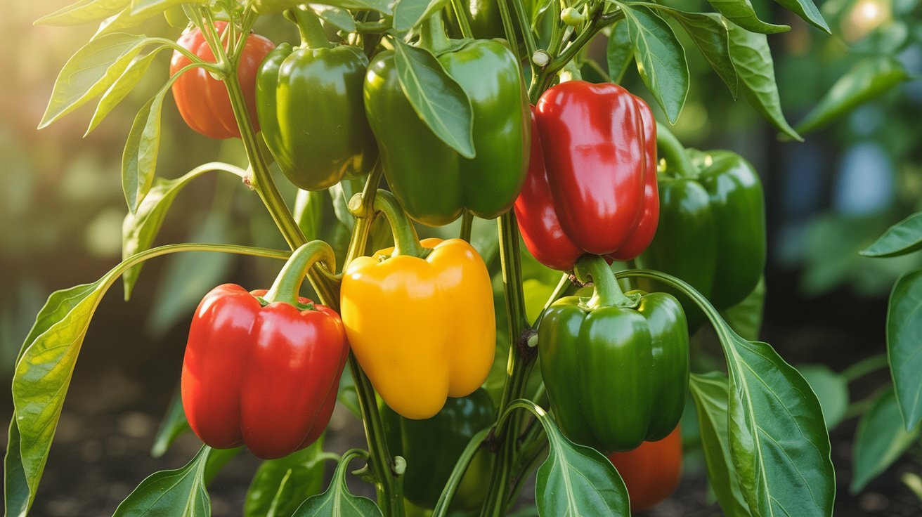 Bell peppers ripening in different colors on plant