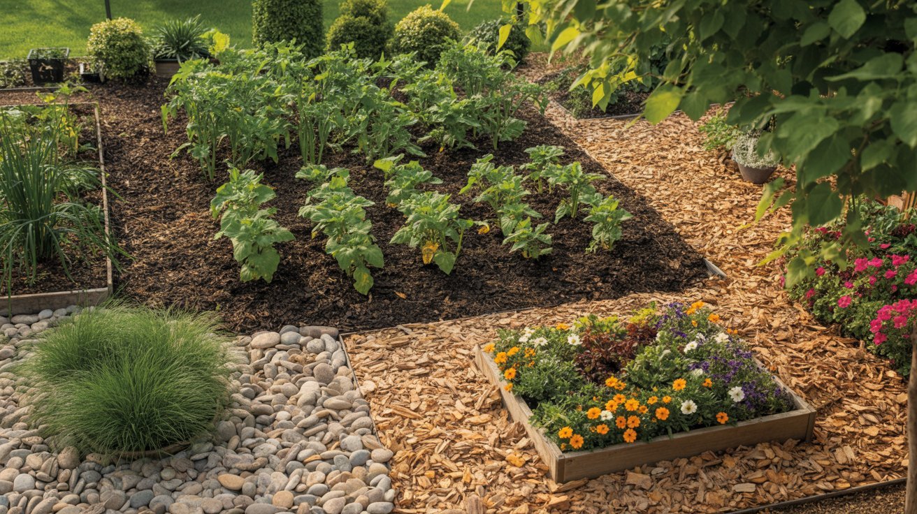 different garden uses showing mulch applications in beds and landscaping