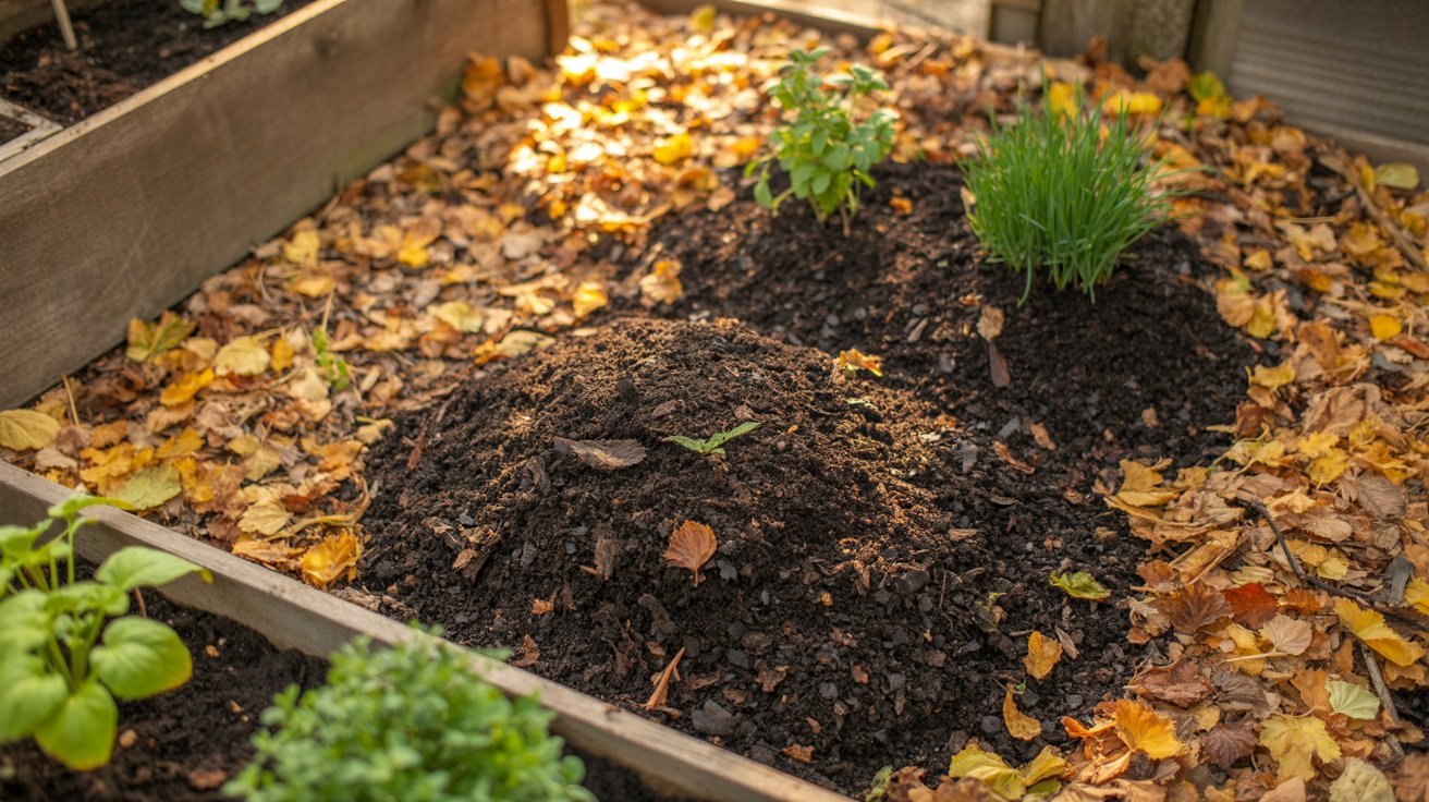 Compost and leaf mulch in raised garden beds.