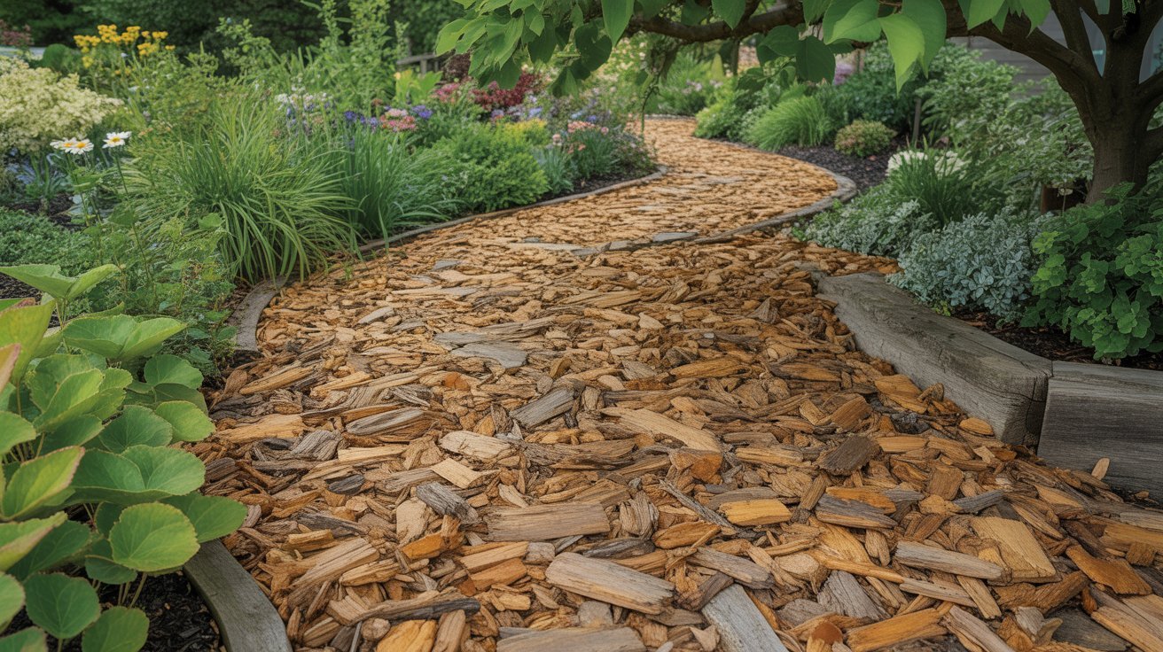 Wood chip mulch used along a garden pathway.
