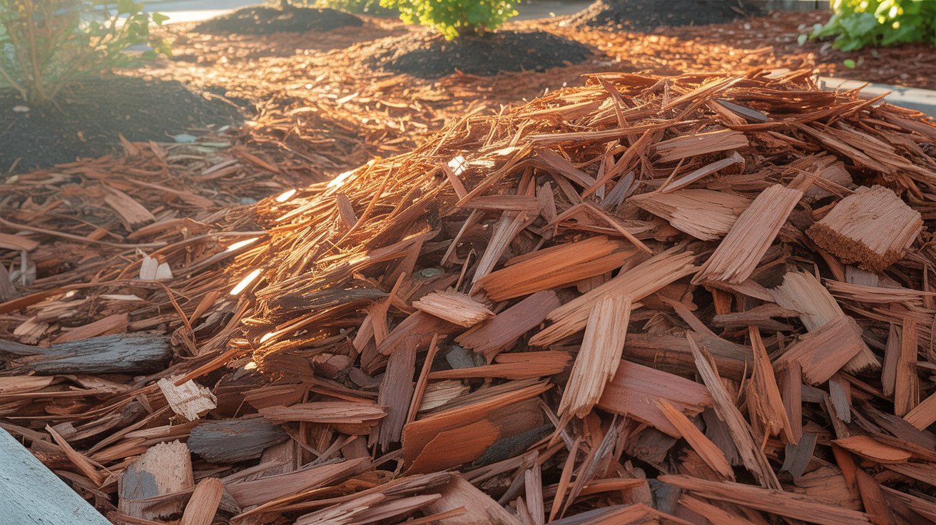close up of cedar mulch showing reddish brown wood chips in soil