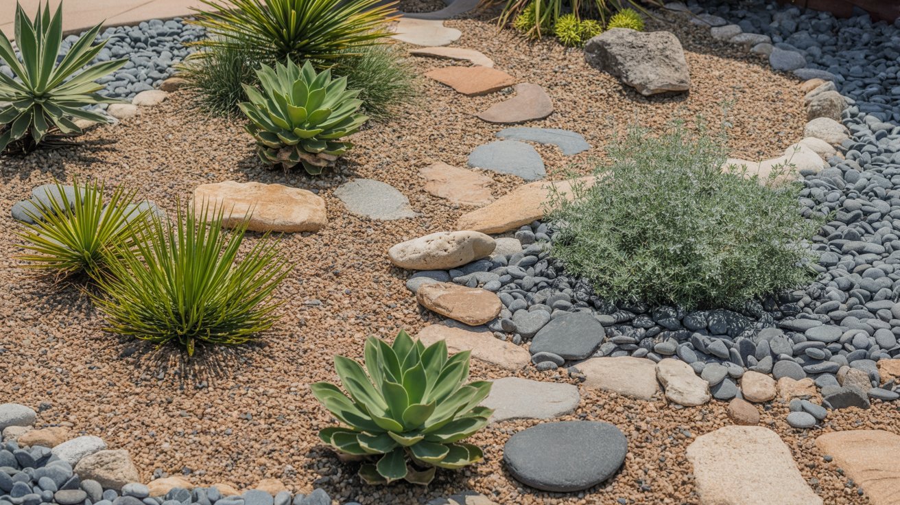 Decorative gravel mulch used in a low-maintenance landscape.