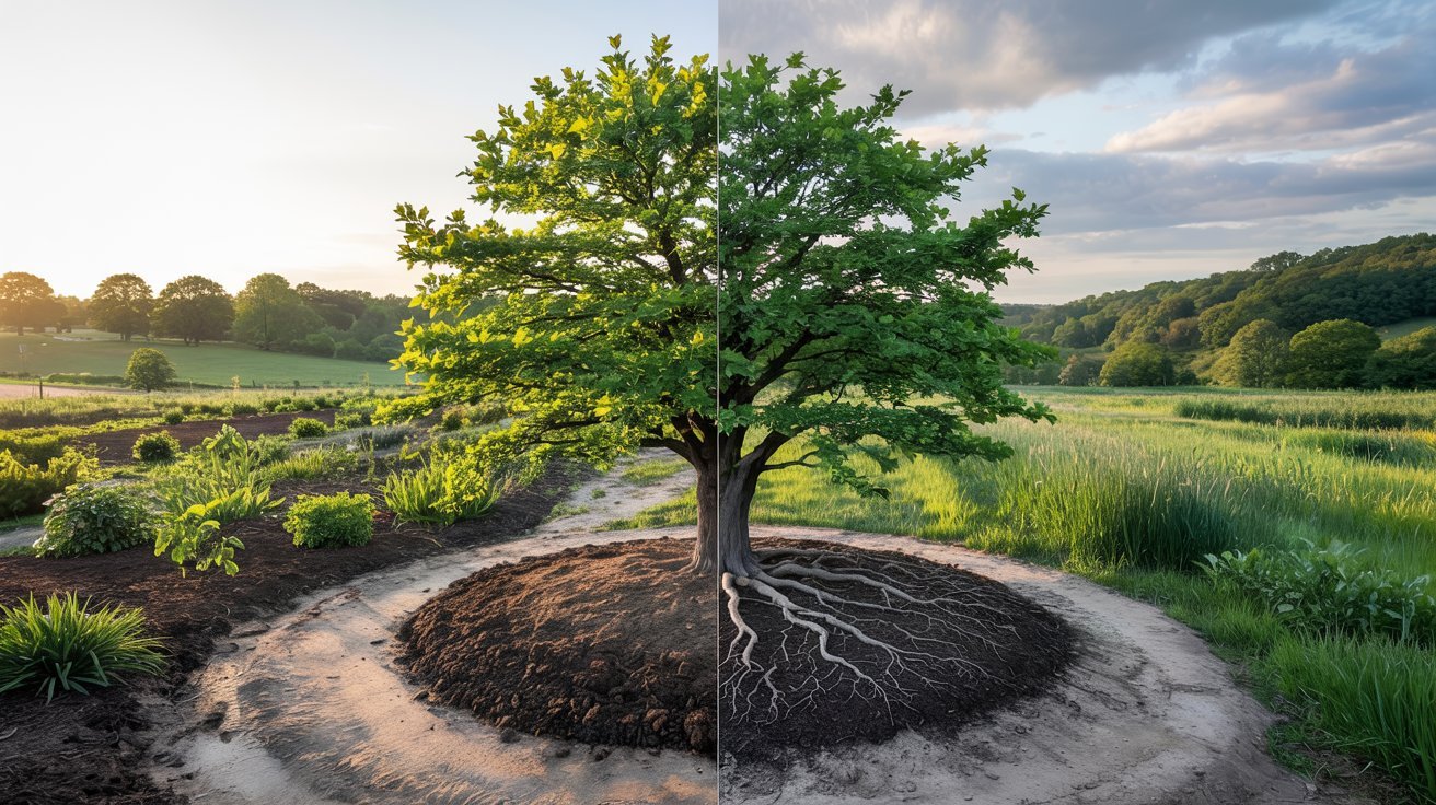 Factors affecting oak tree growth including sunlight, soil, and water