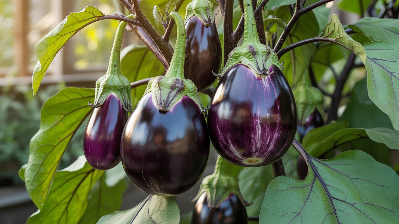 Eggplant growing in warm summer garden