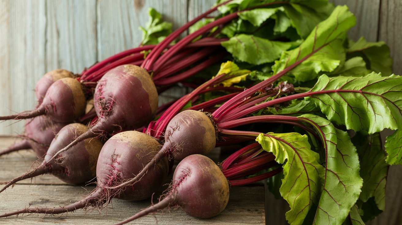 Beets with roots and greens harvested from soil