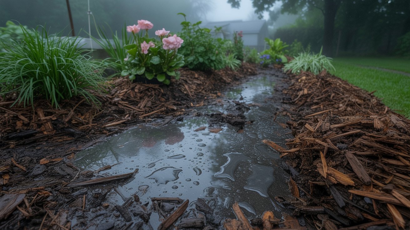 Wet mulch and humid garden conditions that encourage yellow slime mold growth.