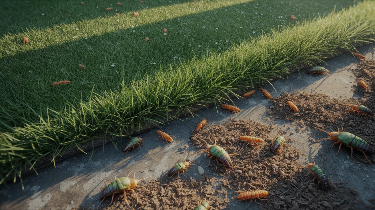 Close-up of lawn pests damaging grass with brown patches beside healthy green turf.
