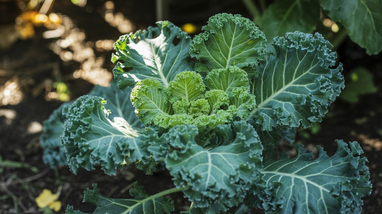 Kale growing in summer garden with leafy texture