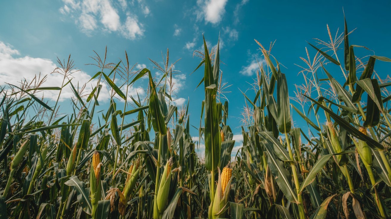 Sweet corn growing in rows under summer sky