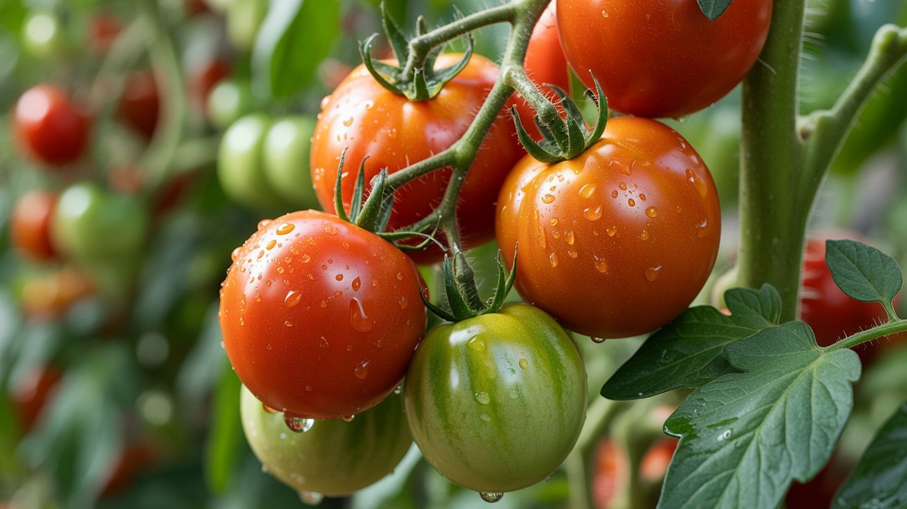 Ripe tomatoes growing on vine in summer garden