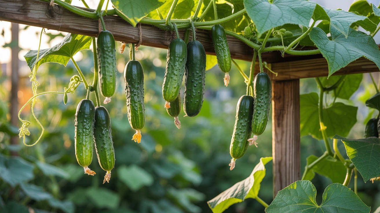 Cucumbers growing on trellis in backyard garden
