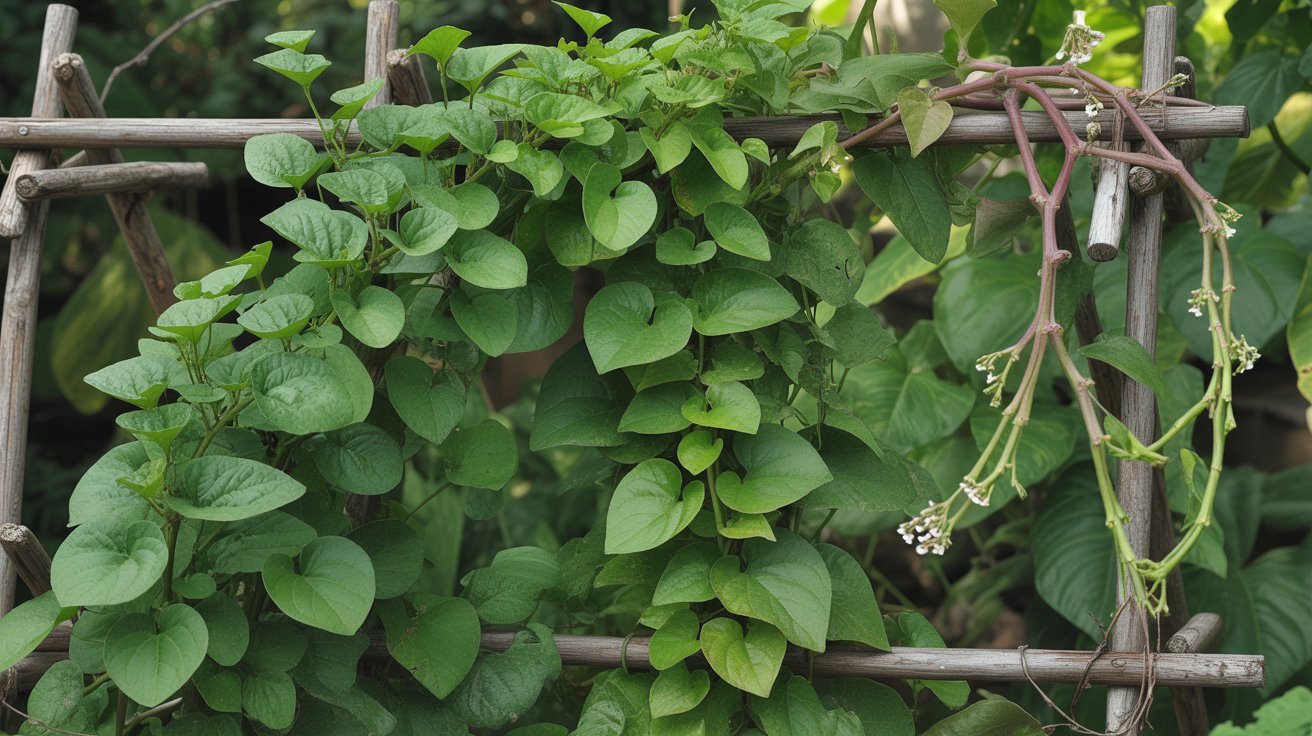 Malabar spinach vine growing in summer heat