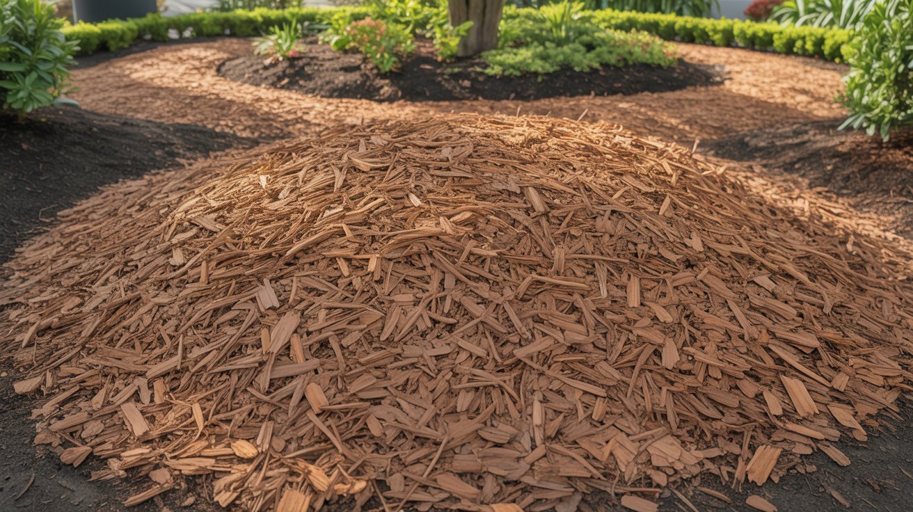 cypress mulch with fine texture spread across garden bed