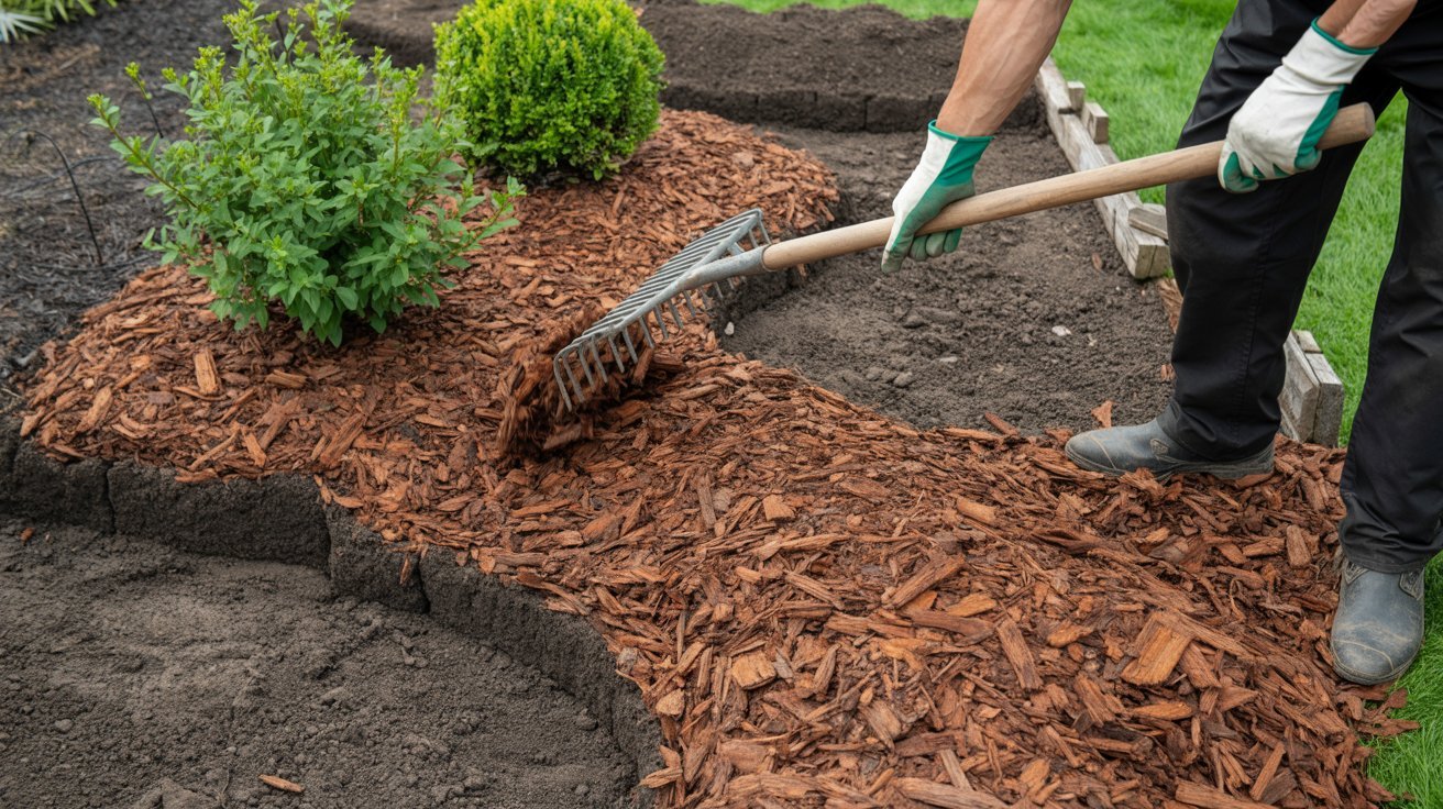 Replacing old mulch with fresh mulch in a garden bed.
