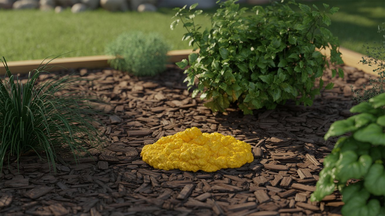 Close-up of yellow slime mold growing on decomposing mulch in a garden bed.