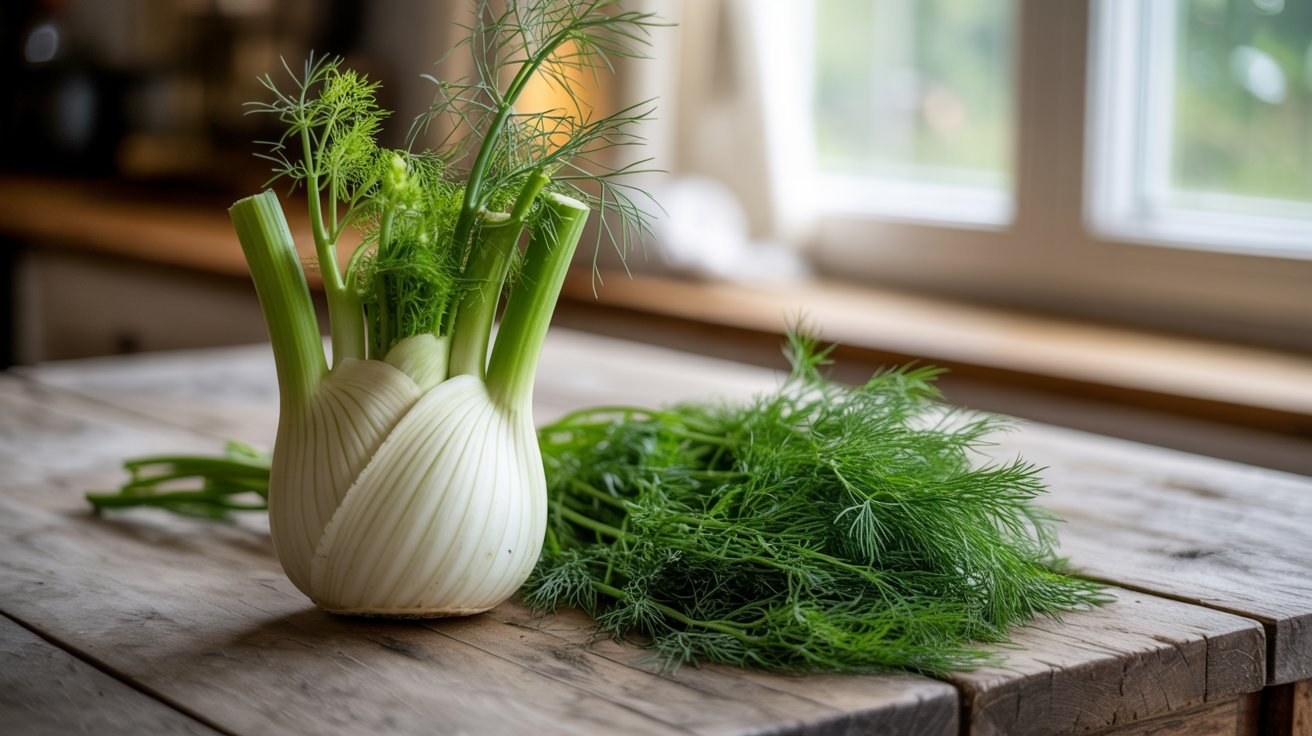 Fresh fennel bulb and dill herbs side by side on a rustic kitchen table