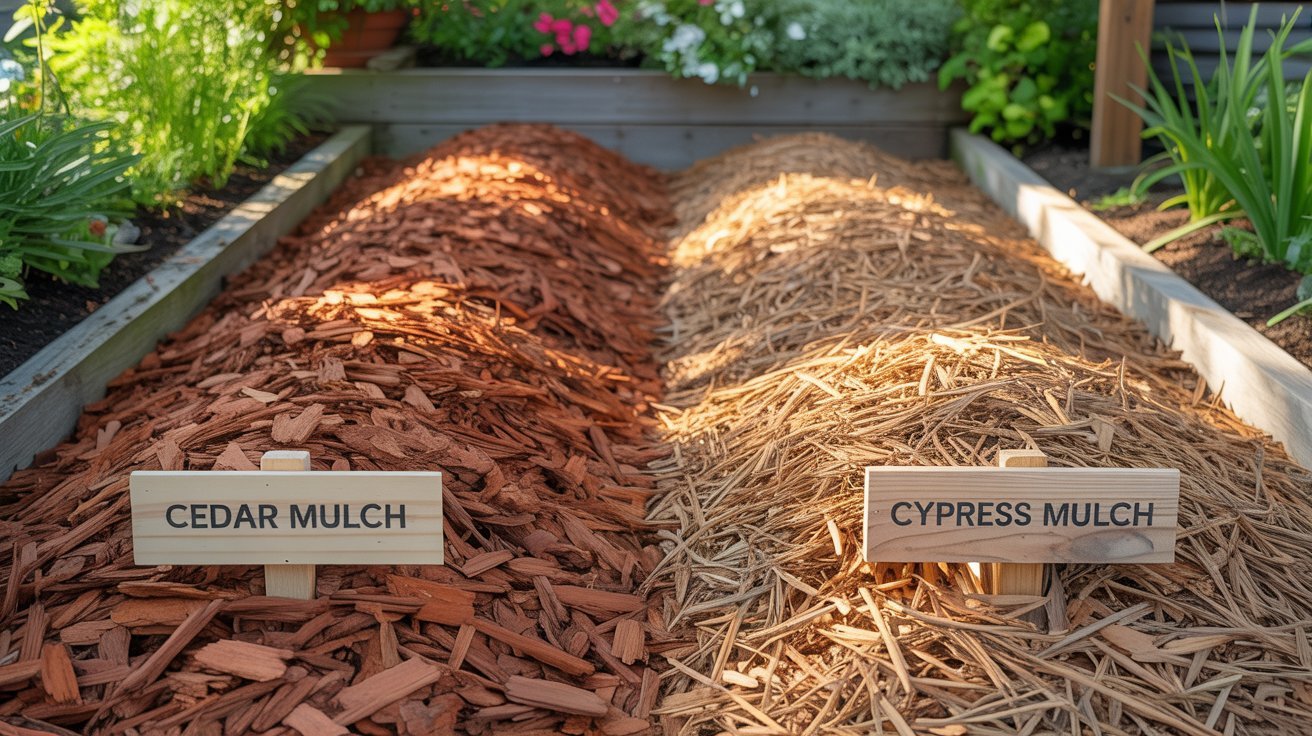 cedar vs cypress mulch side by side comparison in garden beds
