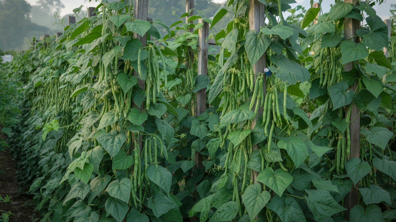 Green beans climbing on trellis in garden