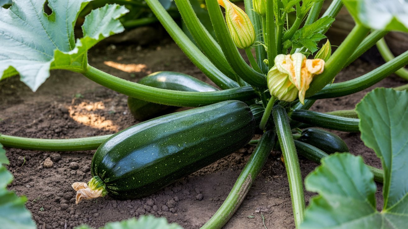 Zucchini growing with yellow blossoms in garden bed