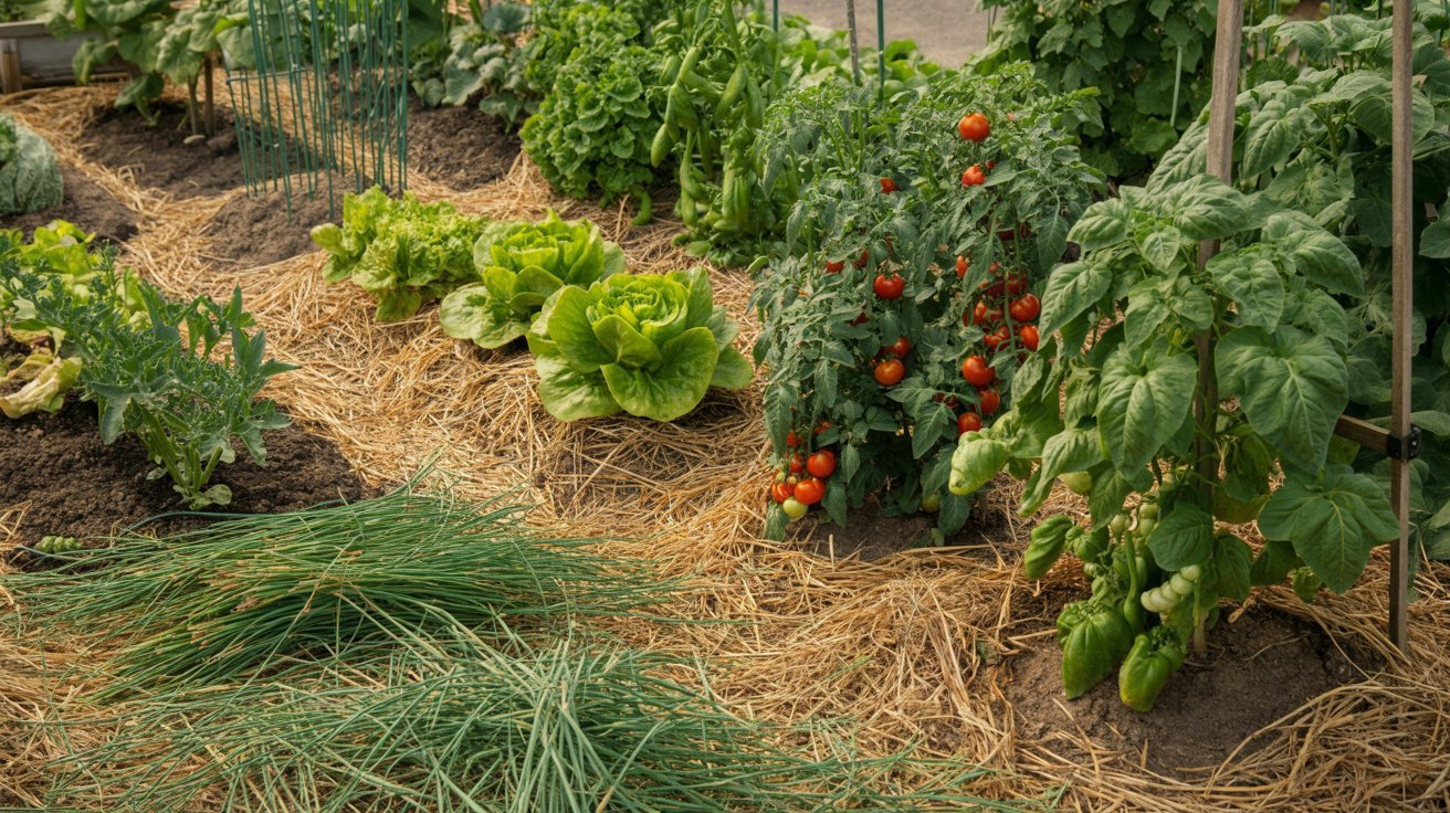Vegetable garden using straw mulch and grass clippings for soil protection.