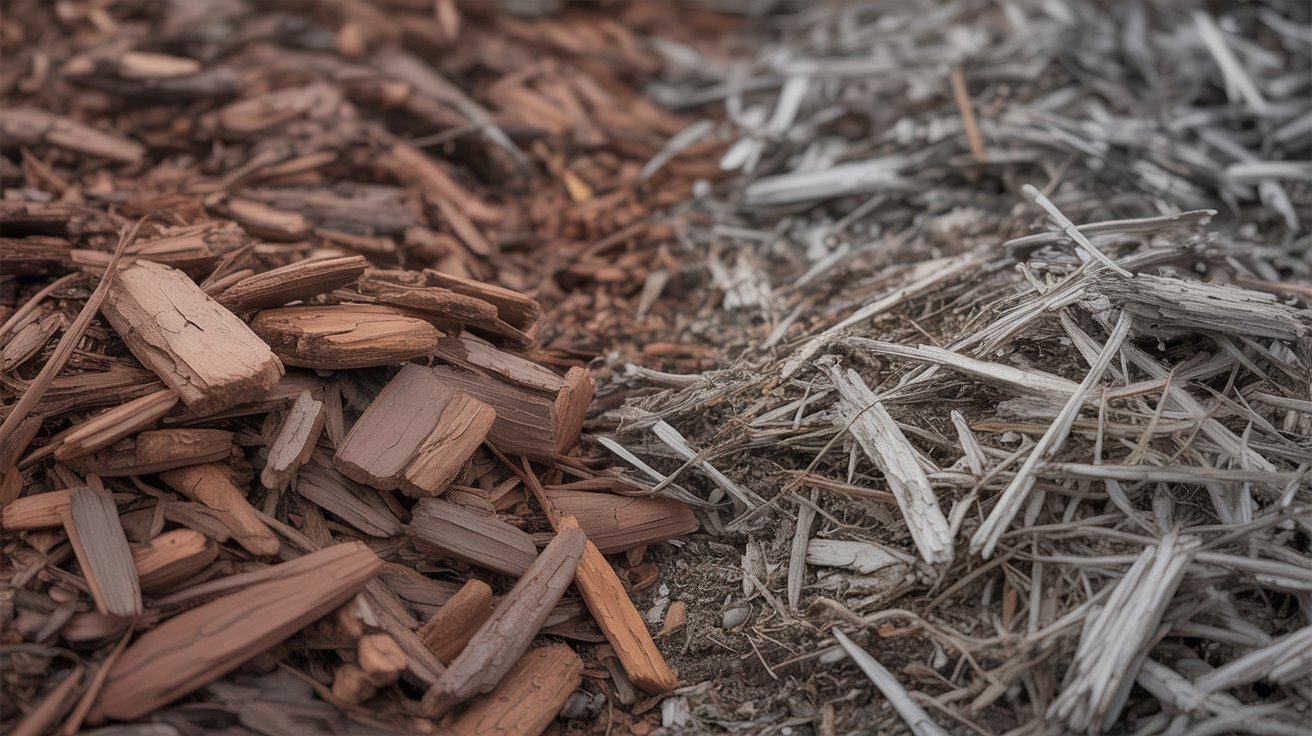 Fresh brown mulch compared with faded decomposed mulch in a garden bed.
