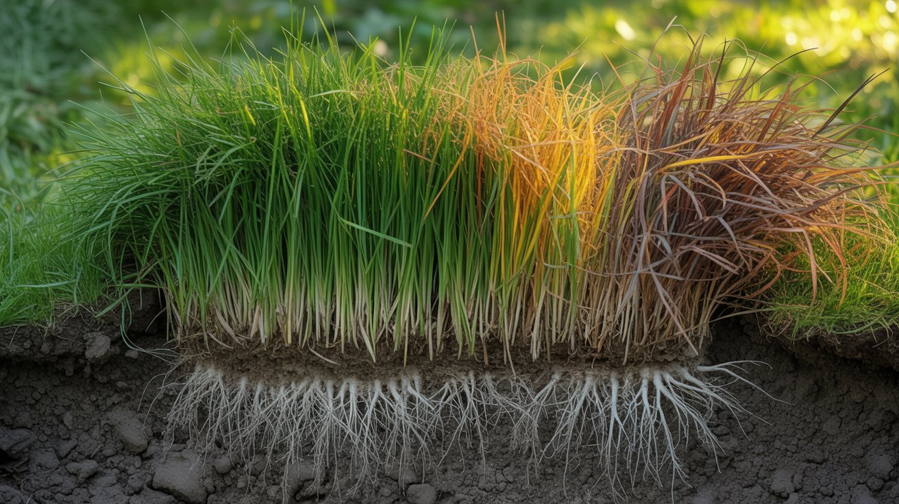 Grass entering dormancy with brown blades and healthy white roots beneath soil