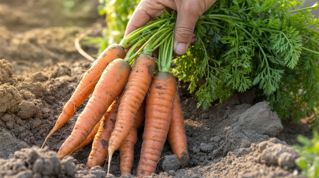 Fresh carrots harvested from garden soil