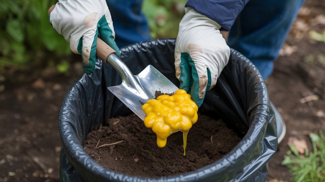 Manual removal of slime mold from mulch using gloves and a shovel.