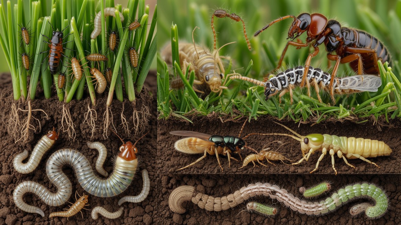 Different lawn insects feeding on grass roots and blades in a detailed underground cross-section.