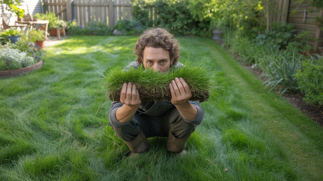 Person checking grass health using simple lawn test