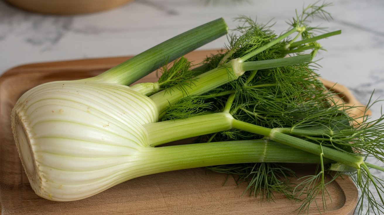 Fresh fennel bulb with stalks and feathery fronds on a cutting board