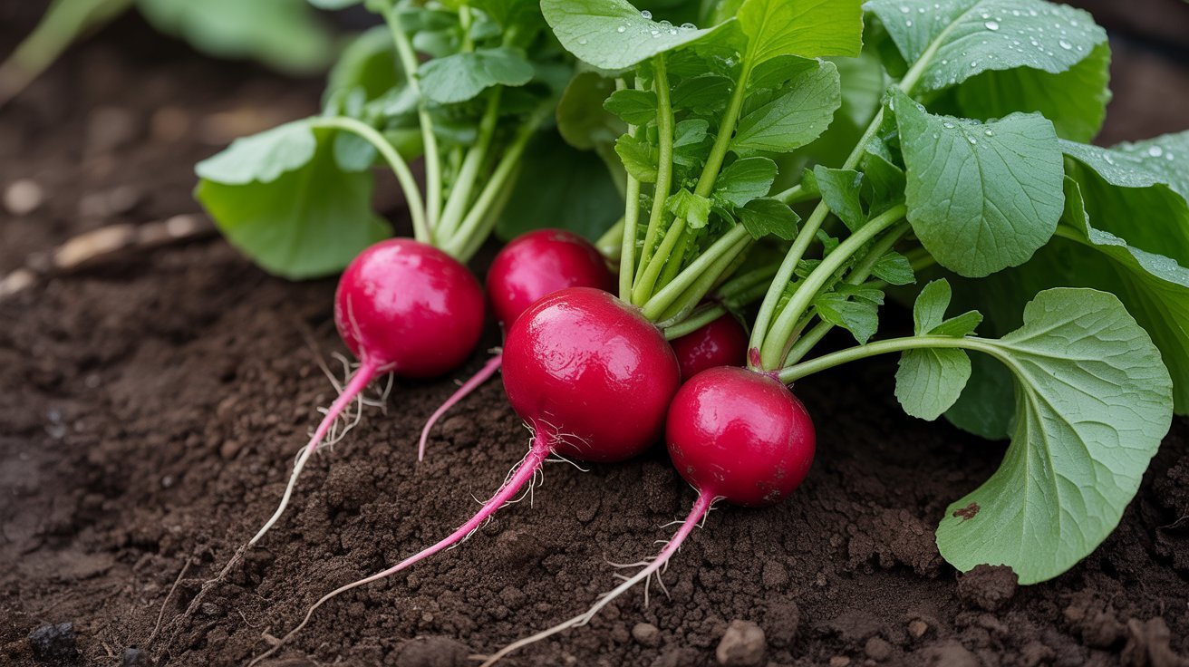 Radishes growing quickly in garden bed