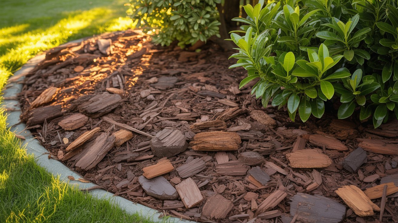 Fresh bark mulch used in a decorative garden bed.