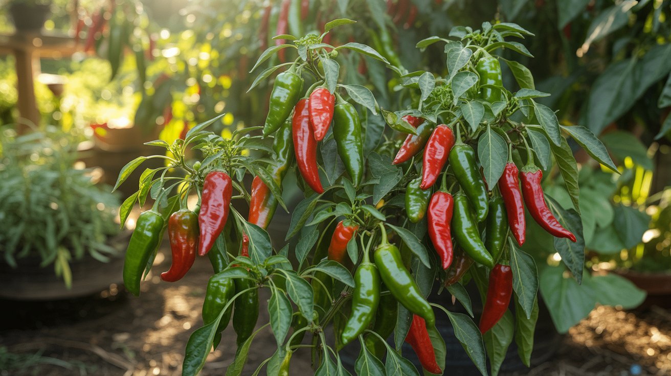 Hot chili peppers growing on plant in summer