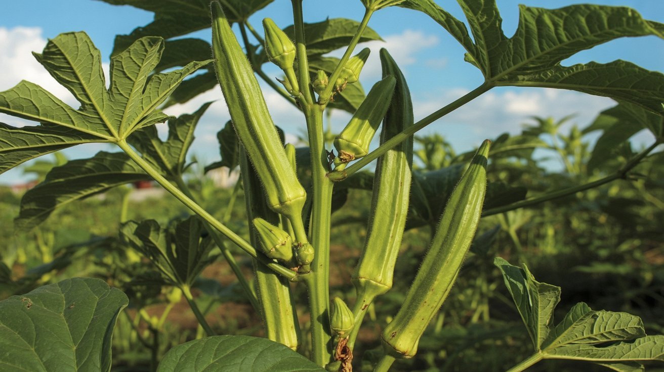 Okra pods growing on tall plant in hot weather