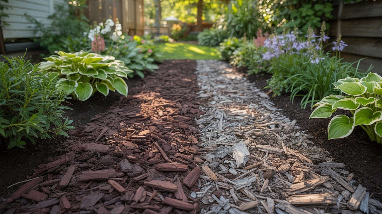 Fresh and aged mulch side-by-side in a landscaped garden bed showing mulch lifespan differences.