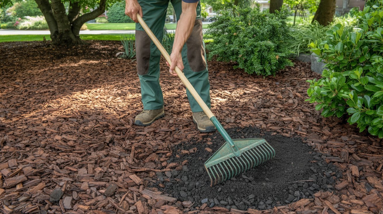 Turning mulch with a rake to dry out slime mold areas.