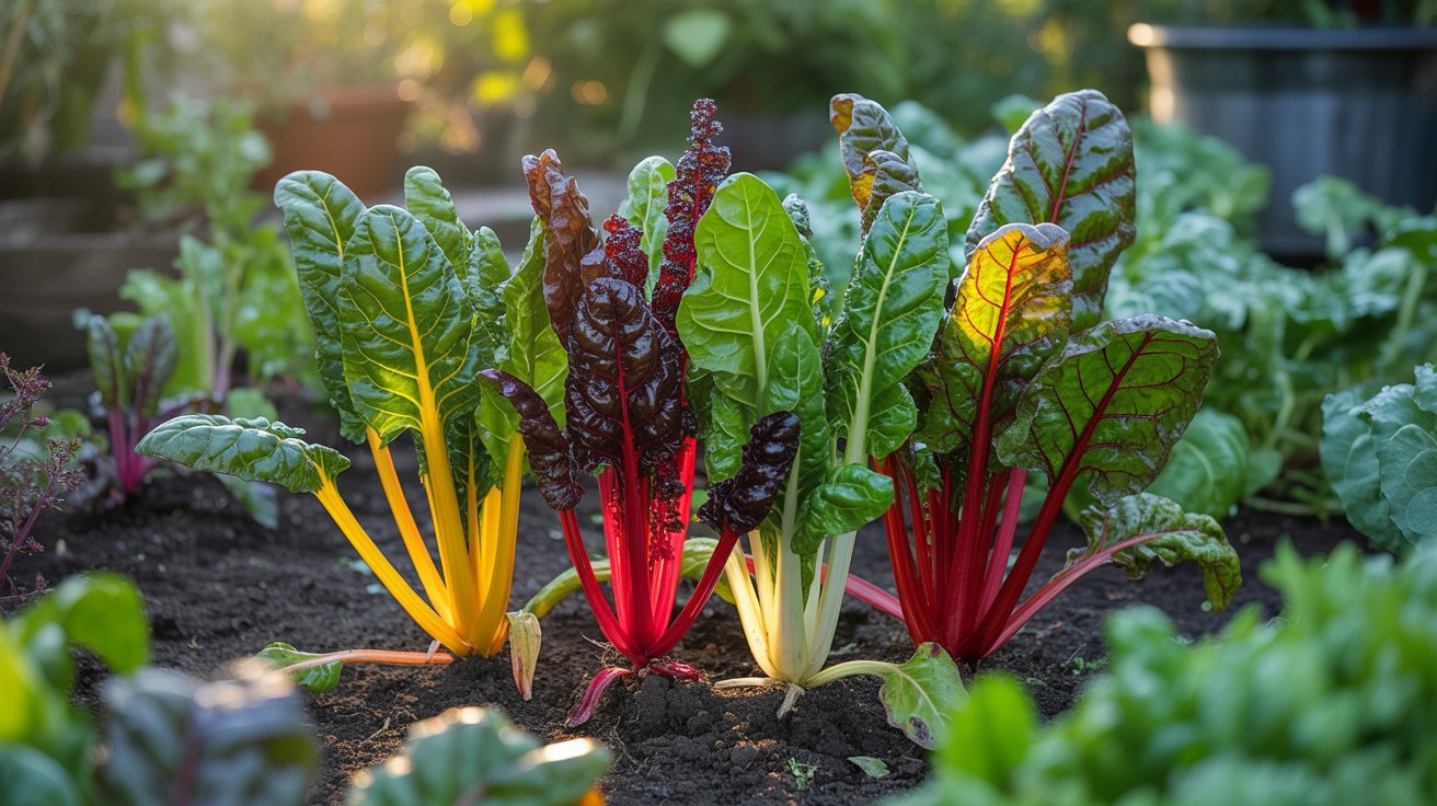 Swiss chard with vibrant stems growing in garden