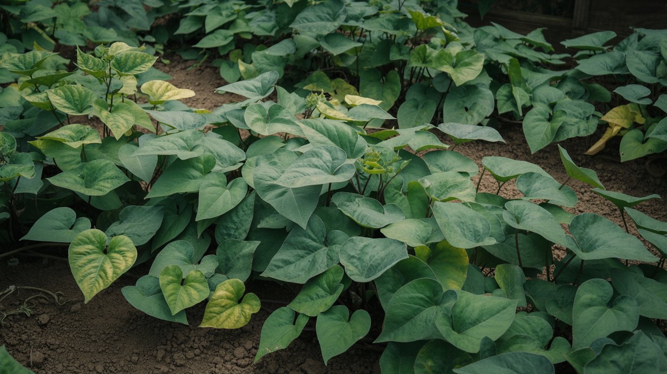 Sweet potato vines growing in warm garden