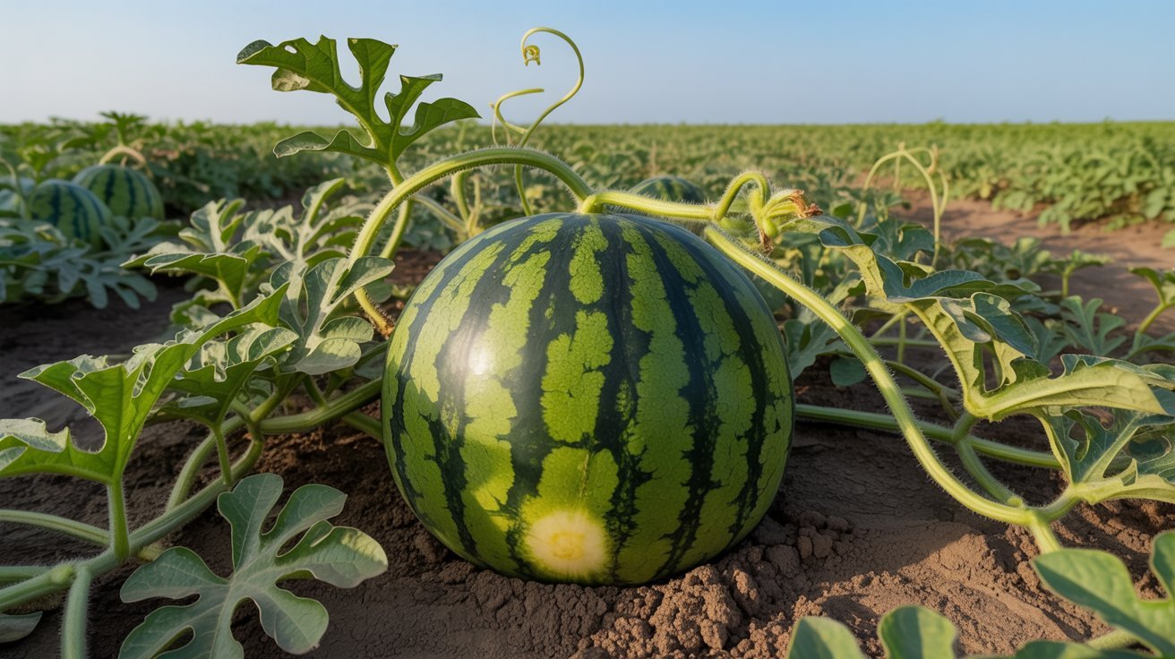 Watermelon growing on vine in summer heat