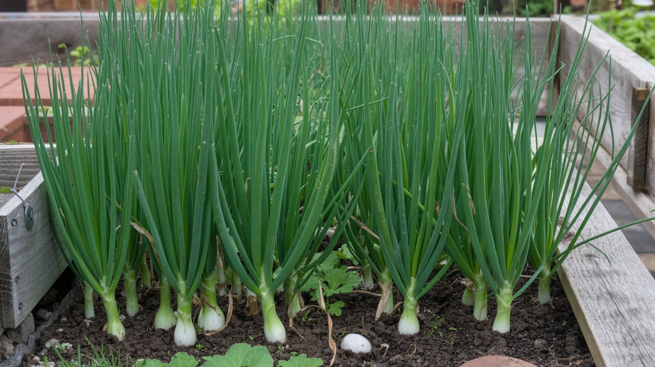 Scallions growing densely in garden bed