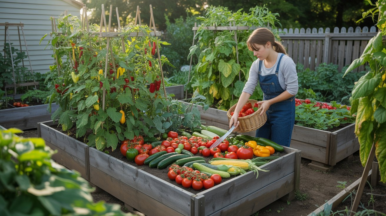 Summer vegetable garden with tomatoes, cucumbers, and peppers growing in raised beds