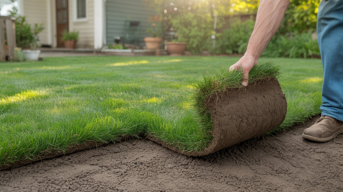 Freshly laid sod beginning to root into prepared soil in a backyard lawn.